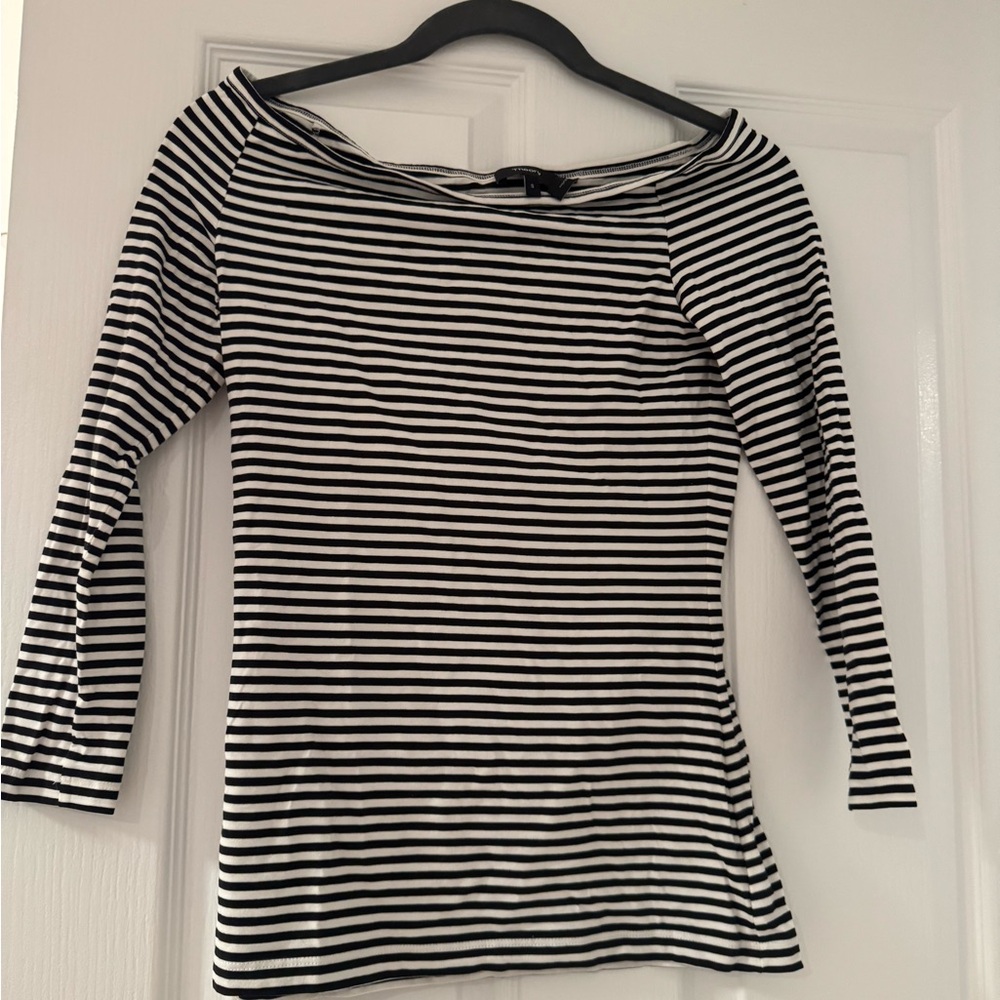 Theory Black and White Striped 3/4 Sleeve Boatneck Top